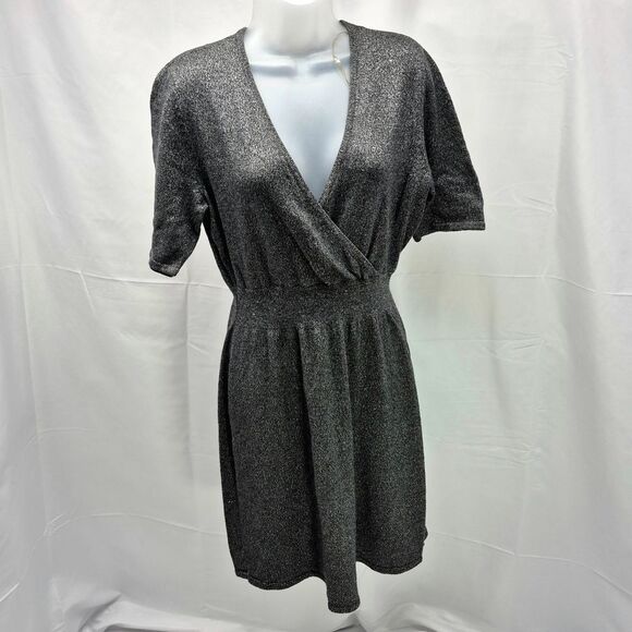 Liz Claiborne Gray Silver Metallic Sparkle Faux Wrap V-Neck Sweater Dress Medium - Picture 4 of 12